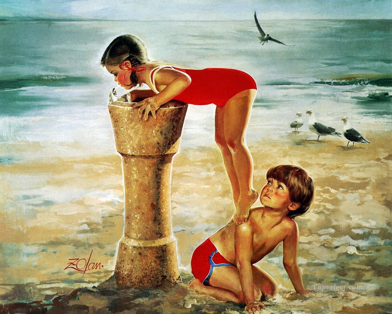 ビーチサイドの印象派で遊ぶ子供たち油絵
